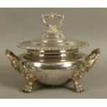 A plated on copper soup tureen and semi-domed cover with leaf-capped handle, and pair of handles,