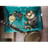 A brass warming pan with turned handle, together with a pair of brass candle sticks, brass bowl,