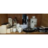 Kitchenalia including a large bread crock, soda stream machine, Cuisinart sandwich maker, a set of