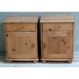 A pair of pine bedside cabinets each with drawer and single door cupboard