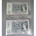 Two five pound notes 1963, J Q Hollom