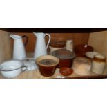 Earthenware crock, bowls and storage jar, enamel jugs and chamberpot, Everston Cold Safe bottle