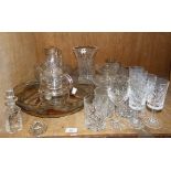 Cut and moulded glassware including flower vase, fruit bowls, glass tea pot water jug, oil bottle,