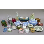 Wedgwood jasper ware trinket boxes and dishes, various china trinket boxes, glass scent bottles