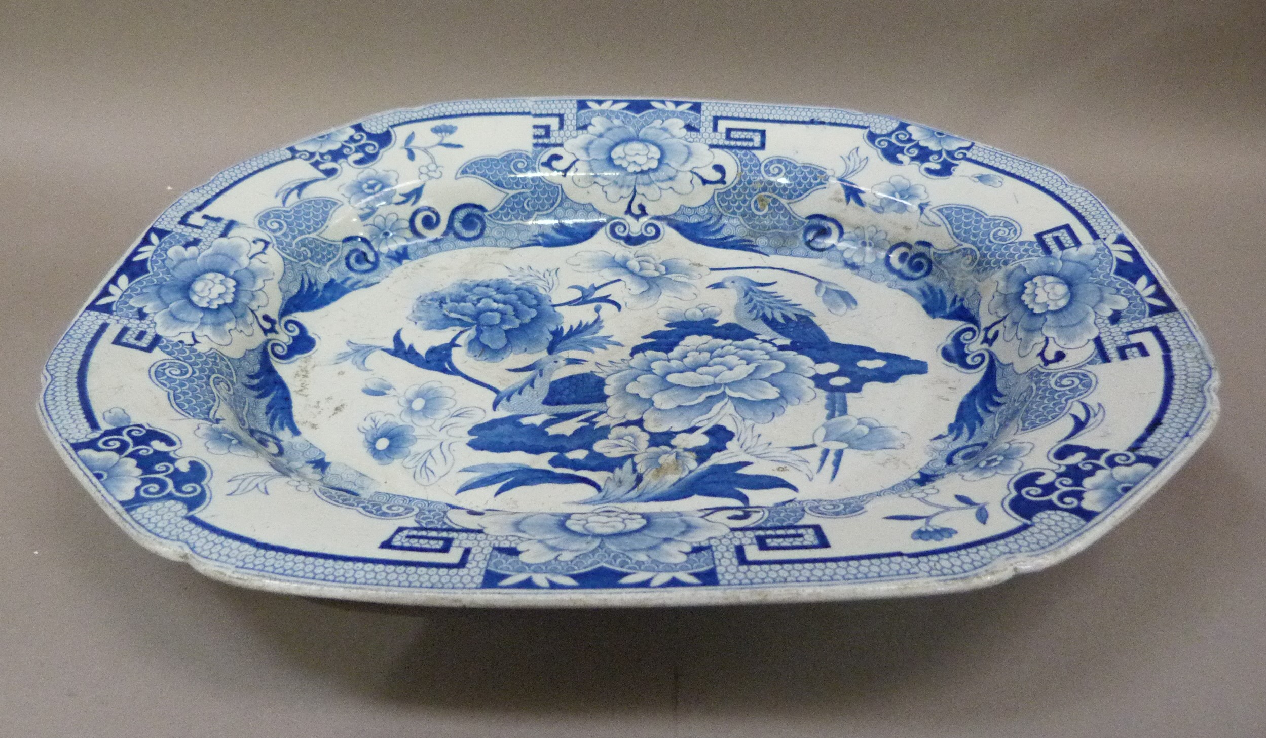 A 19th century patent Ironstone china meat plate printed in blue and white with a pattern of - Image 2 of 2