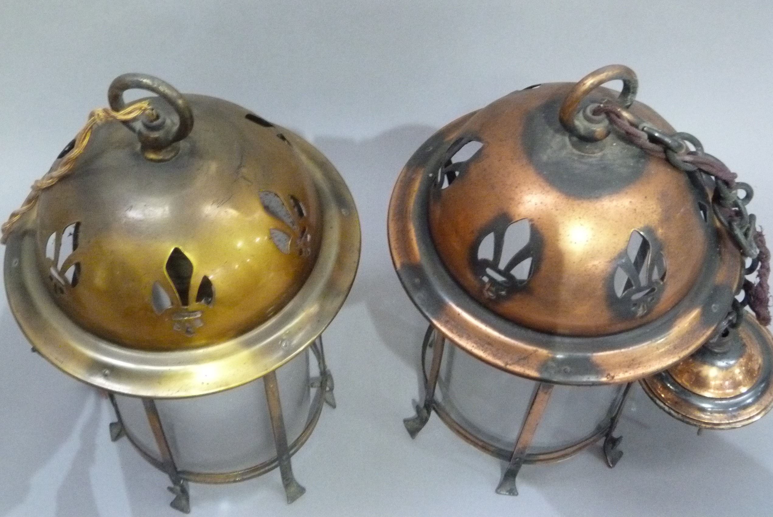 A early 20th century brass and opaque glass hall lantern the domed top with pierced decoration, - Image 3 of 3