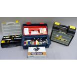 A quantity of tool cases; a 600 watt power inverter, various Tomeia nickel cadmium batteries,