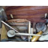 Large wooden chopping boards, trays, ladles, salad servers, olive dishes, an oak and glass trough,