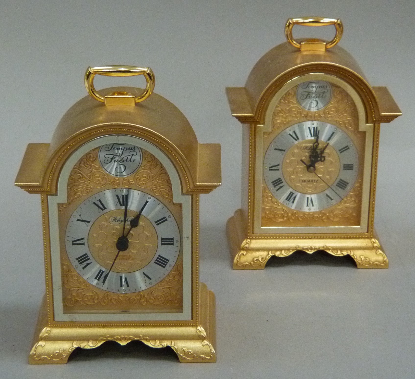 Two Rhythm Georgian style gilt metal bracket clocks with four jewel transistor quartz movements, - Image 2 of 2