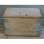 A stripped pine blanket box with metal mounts and carrying handles, 74cm wide