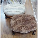 Two Victorian oak oval stools on scrolling legs with knurl toes, 36cm wide and smaller