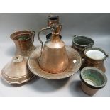 Turkish and other copper ware including large dish, outsized mug, vessel, lidded dish, etc