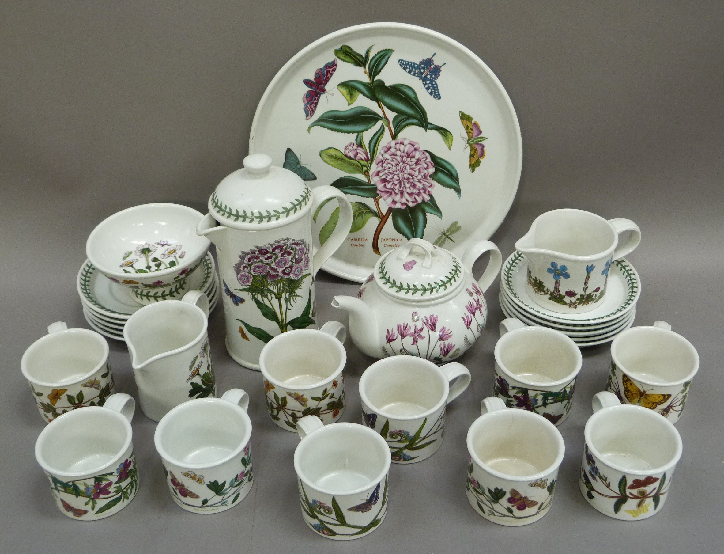 A set of ten Portmeiron Botanic Garden coffee cups, ten saucers, two jugs, pedestal dish, coffee