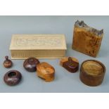 A selection of treen trinket boxes, glove box, coasters, etc