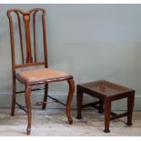 An Art Nouveau inlaid mahogany bedroom chair together with a mahogany caned stool (2)