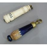 A Doulton stoneware light pull of tapered cylindrical form moulded with lappet band, brass capped,