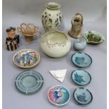 A quantity of decorative ornaments including, bowls by Shelf Pottery Ltd, Tremar cat piggy bank,