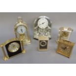 Six mantel clocks, white metal, brass and gilt plastic cased mantel clocks by Ingersoll, Timemaster,