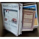 A box of sheet music with pictorial covers and various music books Messiah, Music Song and Dance,