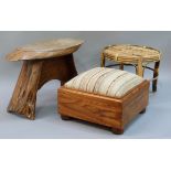 An oval wooden, free form stool together with a bamboo stool and an upholstered box stool (3)