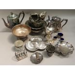 A selection of Victorian and later silver plate including coffee pot, teapot, water jug, planter,