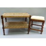 An oak two tier stool with interlaced woven top and undertier, 61cm wide x 46cm high; another oak