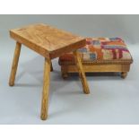 A rectangular stool on chamfered elm legs, 30cm wide x 29cm high; together with a rectangular