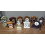 Ten mantel clocks wooden, gilt plastic, and other cases various manufacturers all with quartz