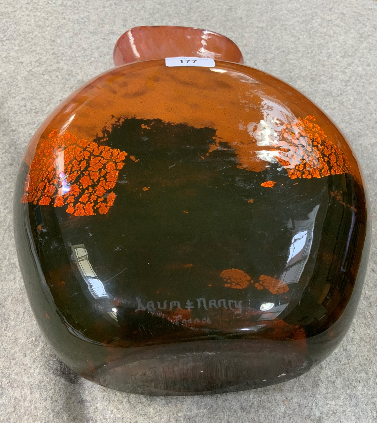 An art glass vase of black and orange cased glass, the ovoid flask shape body bearing etched 'Dawn - Image 12 of 12