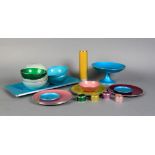 A collection of Norwegian multi-coloured enamel items comprising two turquoise rectangular trays,