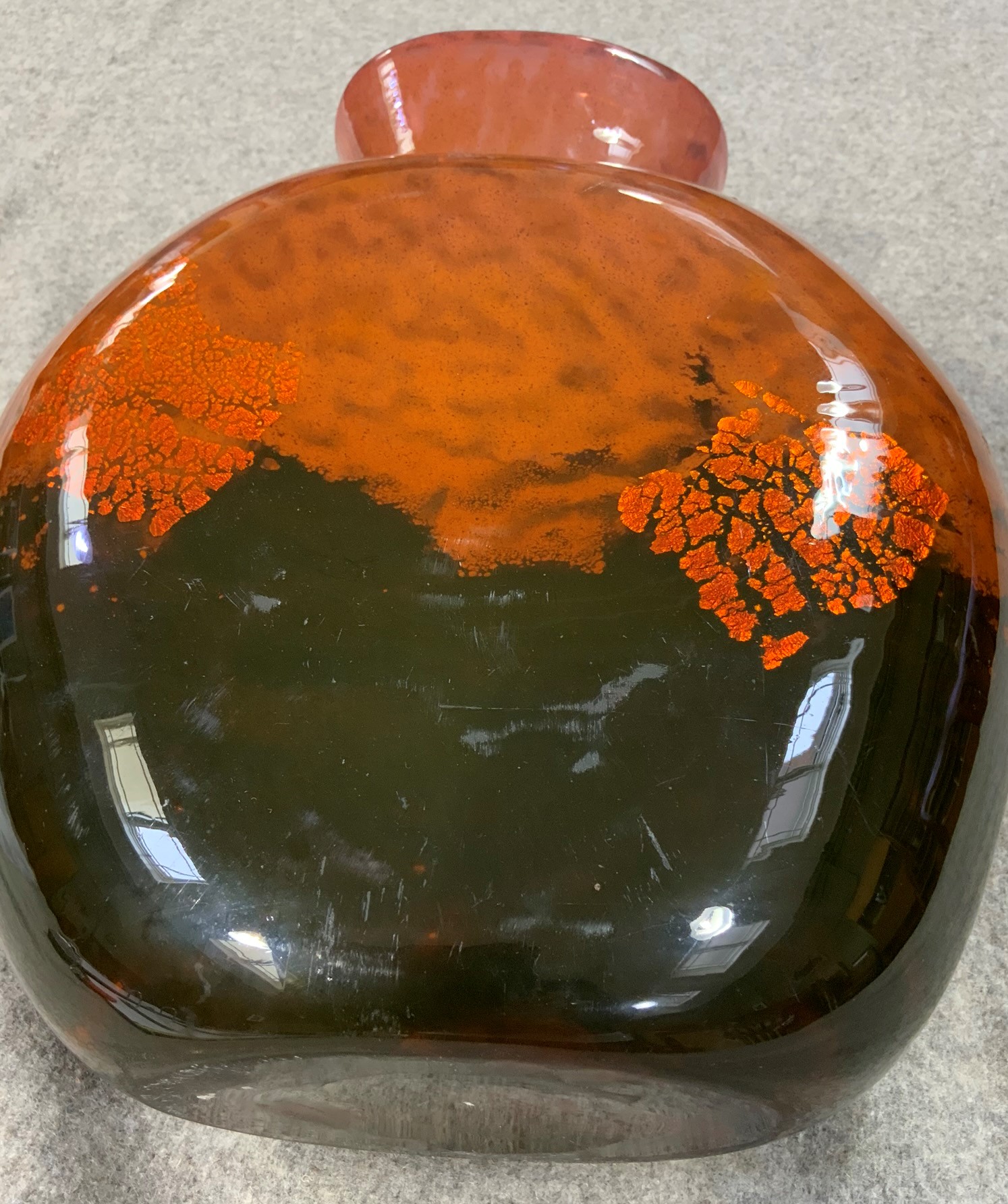 An art glass vase of black and orange cased glass, the ovoid flask shape body bearing etched 'Dawn - Image 10 of 12