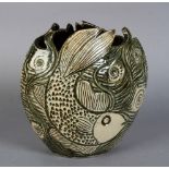 John Egerton, Sneaton Pottery, Fish vase in stoneware with green and clear glaze, incised