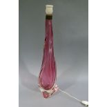 An Italian cranberry and clear cased glass, c.1960s, twisted column table lamp, smoothed pontil,