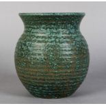 Grayshott pottery - a ribbed squat baluster vase with everted neck, mottled green over chocolate