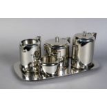 A five piece Old Hall stainless steel tea service comprising teapot, hot water, milk jug, sugar