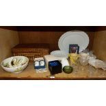 A part suite of cut table glass, plant pots, a large white and gilt edged meat dish by Royal Doulton