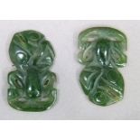 Two nephrite Maori gods carved and pierced, approximately 36mm x 21mm