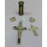 Six early to mid 20th century religious metal crucifix and miniature statue to St Anthony, all in