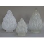 Three frosted glass flambeau light shades, 27cm high and smaller