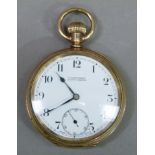 A gold plated pocket watch retailed by T Fattorini, Bolton & Skipton, white enamel dial with