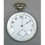 An early 20th century pocket watch in an open faced mother of pearl case, Swiss keyless jewelled