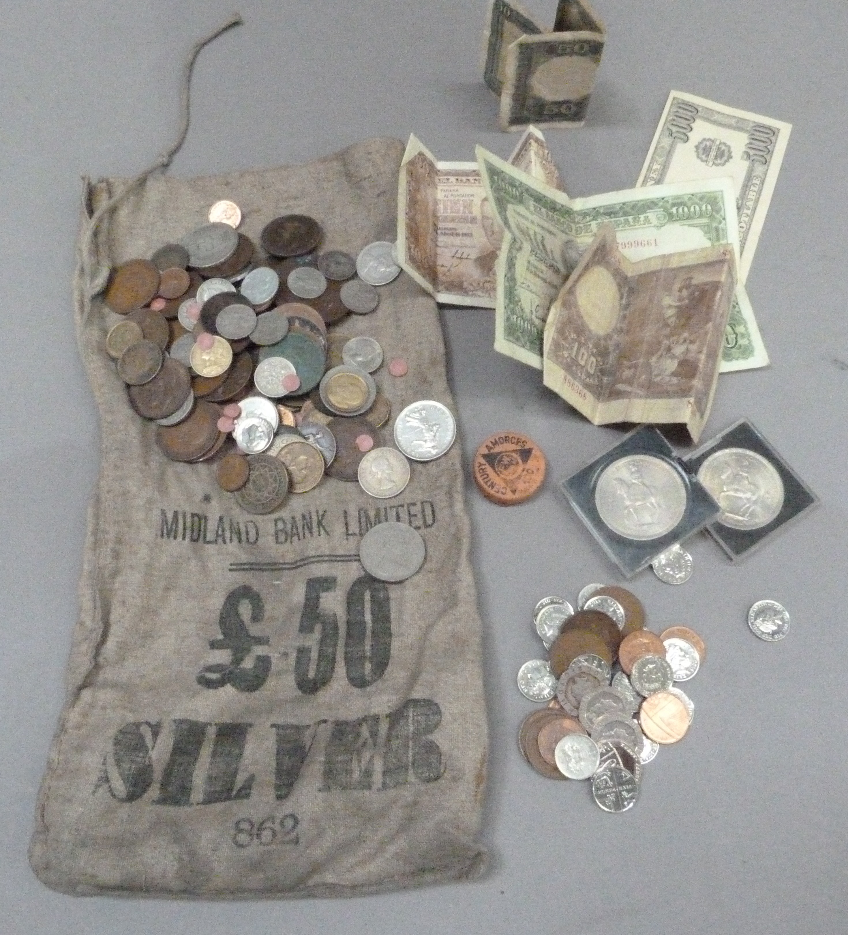 Box of miscellaneous coins and banknotes including silver coins