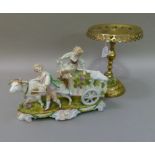 An early 20th century Continental china group of a young man and companion with an oxen pulled