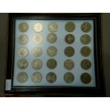 Framed lot of 25 English cupro-nickel crowns