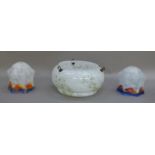A marbled glass plaffonier and a pair of Art Deco style speckled blue, purple, orange, yellow and