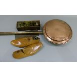 A copper warming pan with tapered steel handle, a pair of shoe lasts and a box containing a quantity