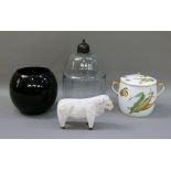 A Royal Worcester Evesham pattern tureen and cover, an amethyst glass baluster vase, a pressed glass