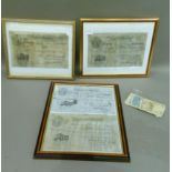 Three framed photocopies of five pound notes and packet of foreign notes
