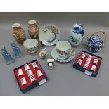 A quantity of boxed commemorative thimbles, a pair of Japanese Satsuma pottery baluster vases, a
