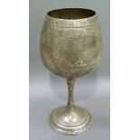 A Victorian large silver pedestal goblet, the bowl engraved with stylised leafage and hatched 'spear